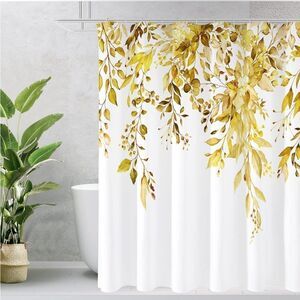 Yellow Eucalyptus Shower Curtain, Watercolor Plant Leaves With Floral Ba…